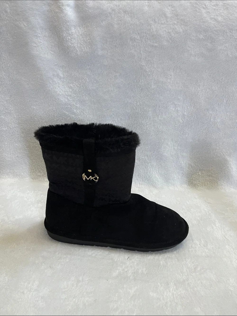 Michael Kors Black Suede Faux-Fur Mid-Calf Boots with Gold Logo